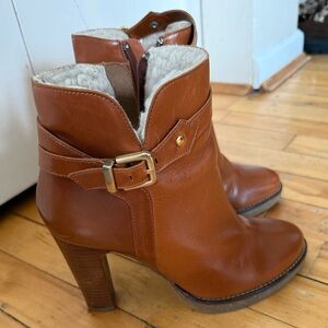 Women's Brown Leather Ankle Booties with Buckle Accent